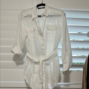Lauren-Ralph Lauren White linen Button-Up Shirt with Belt